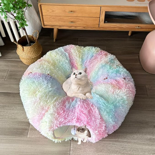 Cat Bed Tunnel Tube Toy Rainbow Plush Round, Collapsible Pet Tunnels for Indoor Cats, Interactive Toys Play Tubes with Hanging Ball for Kitty, Puppy, Rabbit for Fun Playtime & Exercise