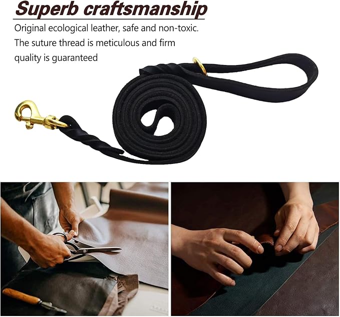 LWBMG Leather Dog Leash 6ft x 1/2 inch Heavy Duty Dog Leash, Strong Sturdy Genuine Leather Braided Dog Leash, Soft and Comfortable Leather Leash for Large, Medium and Small Dogs Training Black
