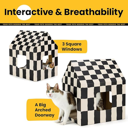 Cardboard Cat House with Scratch Pad & Catnip, Cat Play Scratching House for Indoor Hideaway Furniture, Heavy Duty Sturdy Cardboard Scratcher, Easy to Assemble Birthday Gift, Large