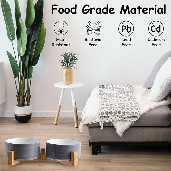 Petygooing Dog Bowls,Ceramic Cat Dog Bowl Set with Wood Stand for Food and Water,Non-Slip Weighted Cute Pet Dish Set for Cats and Medium Size Dogs (28OZ/6.1 in) Grey White