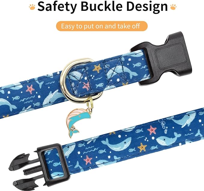 Cotton Dog Collar,Adjustable Cute Puppy Collar with Moon Patterned Design for Small Medium Large Dogs,Soft and Fancy Pet Collar with Safety Buckle for Girl Boy Dogs (Blue Whale, Medium)