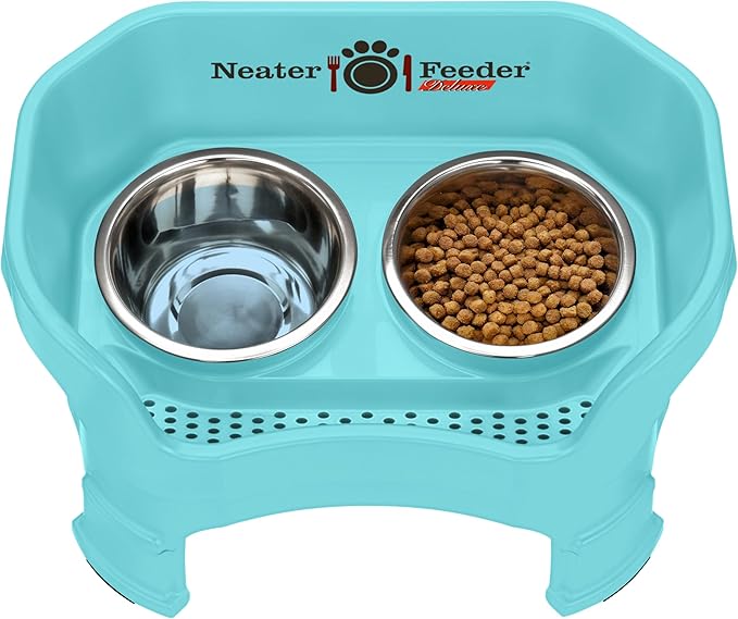 Neater Feeder Deluxe Mess Proof Dog Bowls Elevated Medium Sized Dogs (19-40 lbs) Made in USA, No Spill Raised Dog Food Bowl Stand w/Leg Extension, Stainless Steel Food and Water Bowl Set, Aquamarine