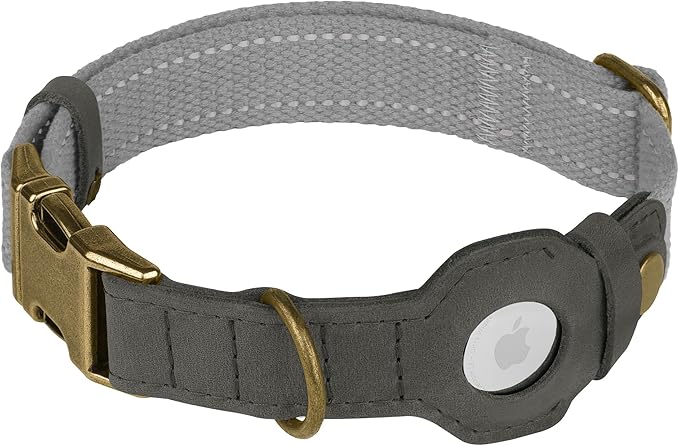 Reflective Leather Dog Collar with AirTag Holder - Soft Apple Airtag Dog Collar with Metal Buckle - Safety Cotton Pet Collars for Dogs Small Large Dogs Puppy (Grey, L, 17"-21")