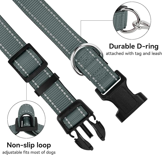 Soft Reflective Dog Collar for Extra Small Dogs, Lightweight Adjustable Puppy Collar with Neoprene Padding, Gentle Nylon for Chihuahua Yorkie,Grey,XS