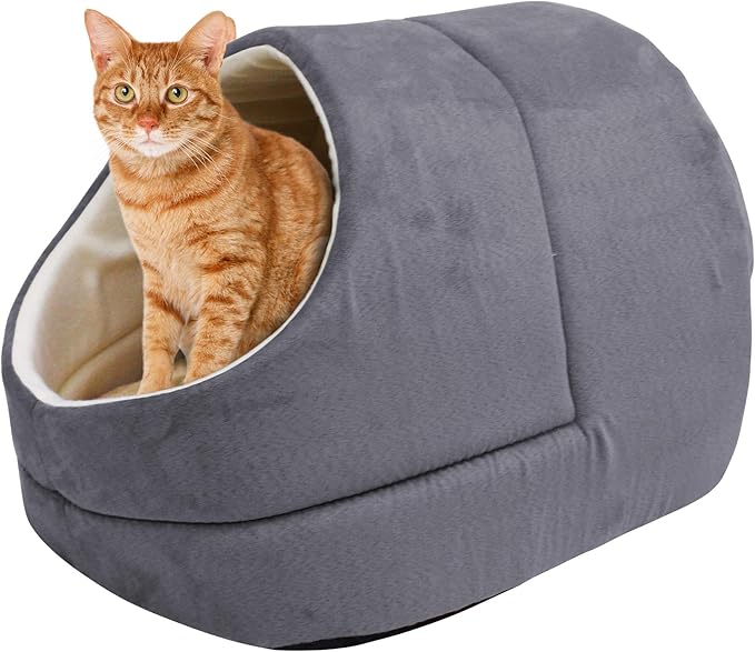 4 in 1 Self Warming Burrow Cat Bed, Pet Hideway Sleeping Cuddle Cave (Grey-2)