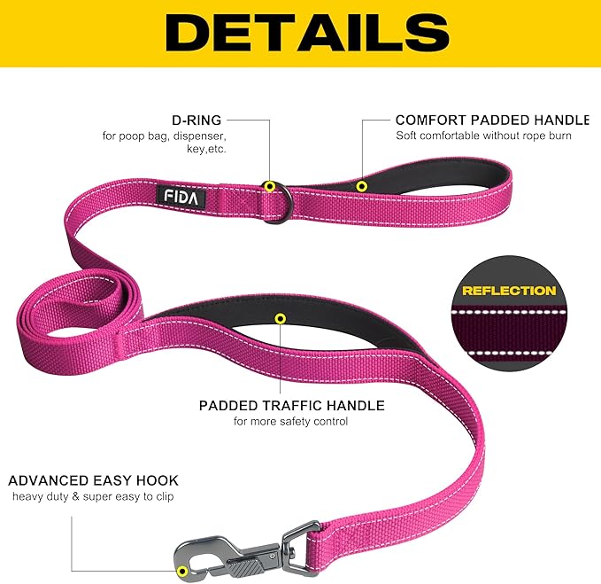 Fida 4 FT Heavy Duty Dog Leash with 2 Comfortable Padded Handles, Traffic Handle & Advanced Easy Snap Hook, Reflective Walking Lead for Large, Medium & Small Breed Dogs, Rose