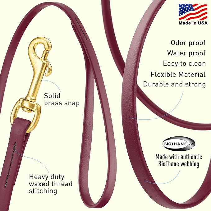 Viper Biothane K9 Working Dog Leash Waterproof Lead for Tracking Training Schutzhund Odor-Proof Long Line with Solid Brass Snap for Puppy Medium and Large Dogs, 10ft Merlot Burgundy