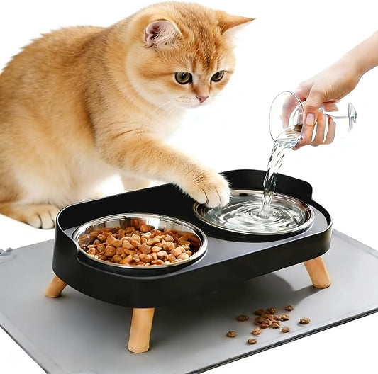 Elevated Cat Bowls with Food Mat, Splash Proof Anti Vomiting Raised Cat Food and Water Bowl Set, 2 Stainless Steel Dishes for Cats and Puppy, Pet Bowl for Indoor Cats Black