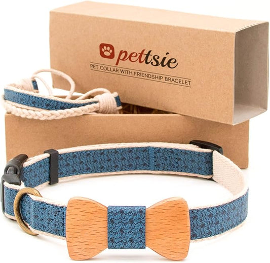 Pettsie Adjustable Dog Bow Tie Collar with Matching Owner Friendship Bracelet – Stylish & Durable Pet Accessory, Soft Hemp & Cotton, Secure D-Ring, Gift-Ready Set, Medium, Blue
