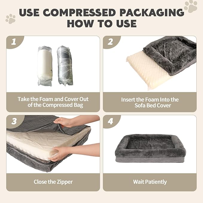 Dog Beds Waterproof Medium/Large Sized XL Foam Pet Beds Removable Washable Cover Dog Sofa Egg Crate Foam Support with Zipper Bottom Bolster Deluxe Plush Mat (Grey+38.2x27.5x3.5in)