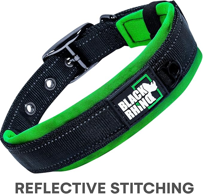 Black Rhino Dog Collar for Large Dogs - Adjustable Reflective Heavy Duty Dog Collars with Ultra-Soft Neoprene Padding - Weatherproof, Durable, and Comfortable for Active Dogs - Green and Black