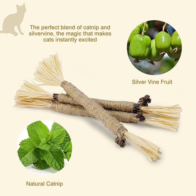 4 Pack Silvervine Sticks for Cats - Cat Chew Toy for Teeth Cleaning, Edible Matatabi Kitty Chew Sticks, Catnip Cat Toys for Indoor Cats (8 Sticks)