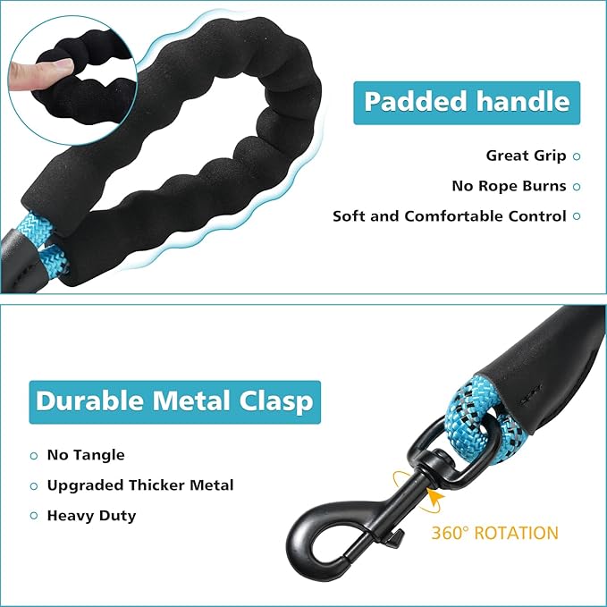 Rttochfy Rope Dog Leash 2/4/5/6/8/10 FT with Comfortable Padded Handle and Highly Reflective Threads for Small Medium and Large Dogs Heavy Duty (1/2"-10 FT, Blue)