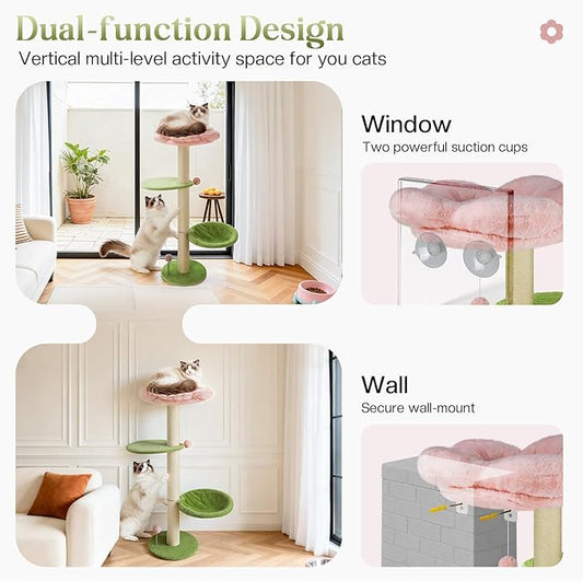 2-in-1 Cat Window Perch and Wall Shelves for Large Cats, Window Perch for Cats Inside with Washable Fabric Cover, 19.7" Removable Flower Cat Perches Bed with 2 Strong Suction Cups for Bird Watching