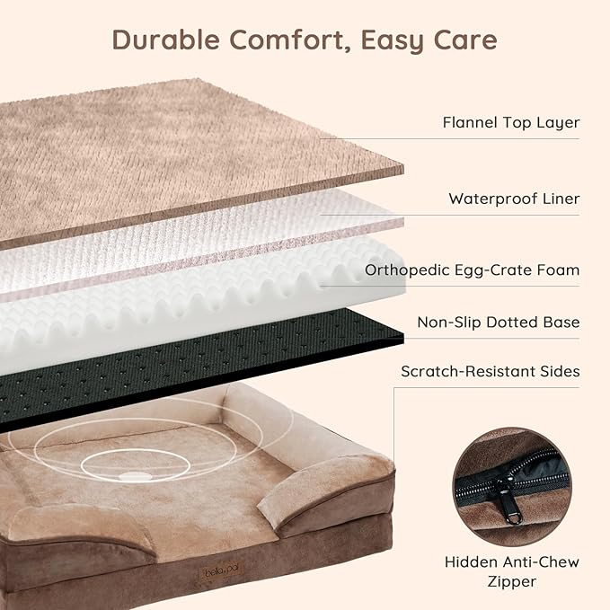 BELLA & PAL Orthopedic Dog Sofa Bed for Medium/Large Dogs – No Assembly Needed, Chew-Proof Egg-Crate Foam Dog Couch with Waterproof Liner, Washable Removable Cover (Brown, 36" L x 27" W x 6.5" Th)