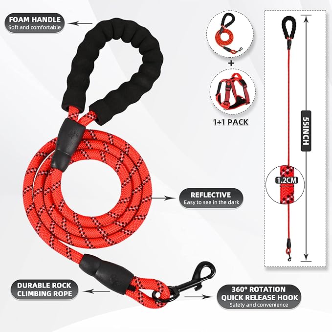 No Pull Dog Harness with A Free Heavy Duty 5ft Dog Leash, Adjustable Soft Padded Dog Vest, Reflective No-Choke Pet Oxford Vest with Easy Control Handle for Small and Large Dogs (Red, Medium)