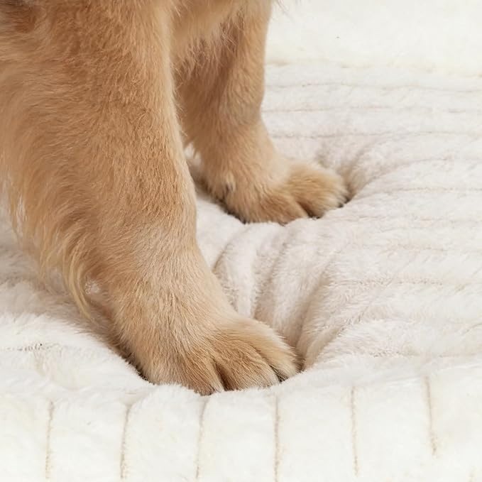 Washable Dog Bed Medium Size Dog, Soft Plush Calming Puppy Bed with Anti-Slip Bottom & Portable Handle, Cream Orthopedic Rectangle Anti-Anxiety Small Pet Kennel Bed, 30" x 24" x 5"