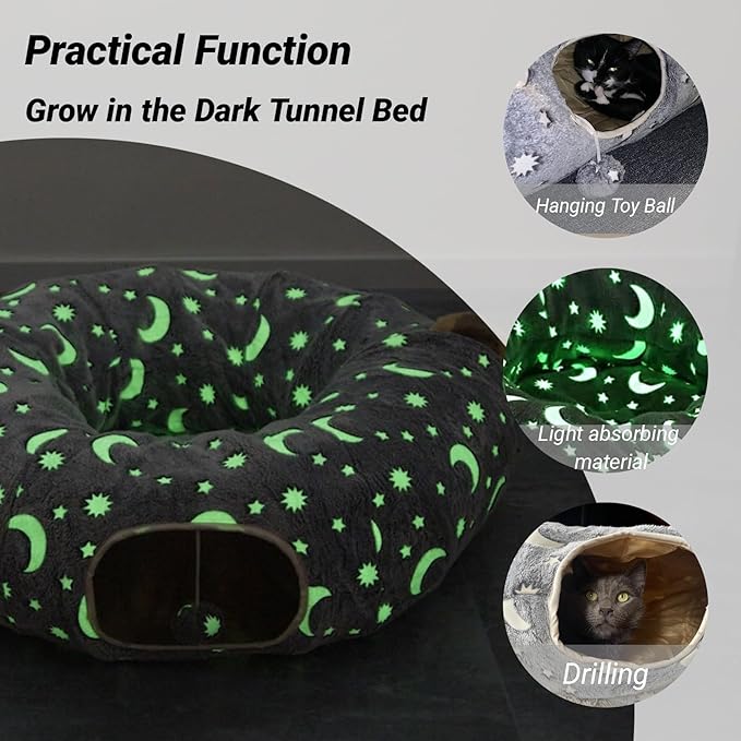 LUCKITTY Cat Tunnel Bed Under Christmas Tree with Plush Ball Toy Playground Crinkle Collapsible Self-Luminous Flannel Fabric 3FT for Large Cats Kittens Kitty Small Animals Puppy Grey Moon Star