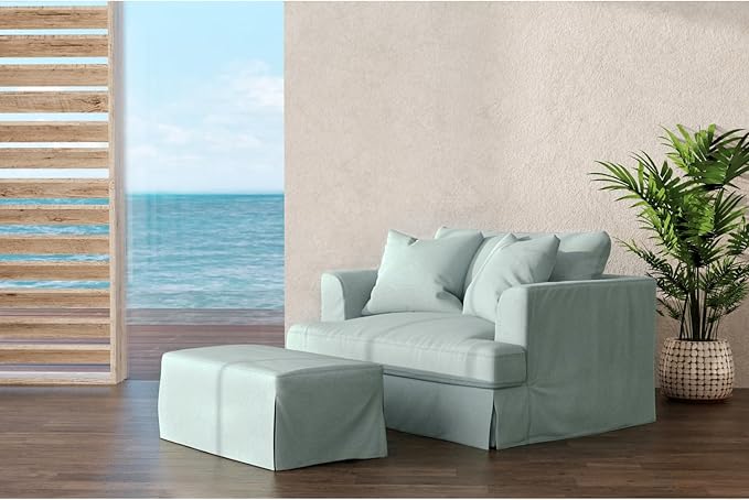 Sunset Trading Newport Slipcovered 52" Wide Chair and A Half with Ottoman | Liquid/Stain Resistant Ocean Blue Performance Fabric | Down-Filled Deep-Seated Oversized Living Room Armchair with 2 Pillows