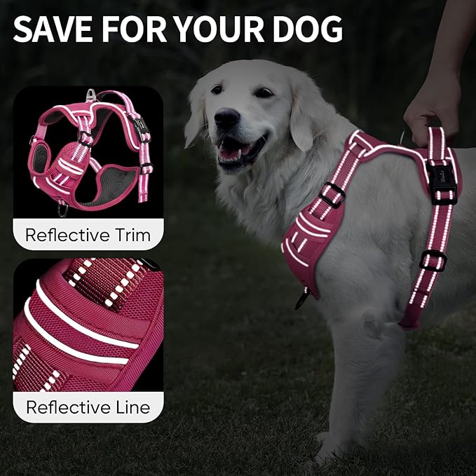 HEELE Dog Harness for Large Dogs No Pull Dog Vest Harness for Large Dog with Soft Padded Handle Reflective for Outdoor Training, Rose(Matching Trim), L