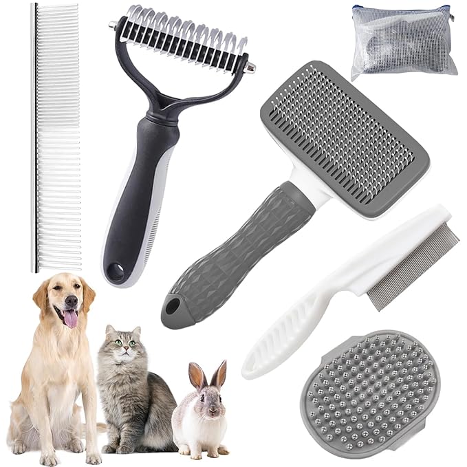 Dog Brush for Shedding,6 PCS in One Pet Slicker Hair Brush Kit Organizer Bag - Dog Cat Grooming Deshedding Undercoat Rake Brush Comb for All Small Large Dogs Cats Grey