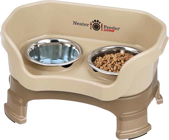 Neater Feeder Deluxe Mess Proof Cat Bowls Elevated for All Breeds – Made in USA – No Spill Raised Cat Bowls for Indoor Cats w/Leg Extensions – Stainless Steel Cat Food and Water Bowl Set - Beige