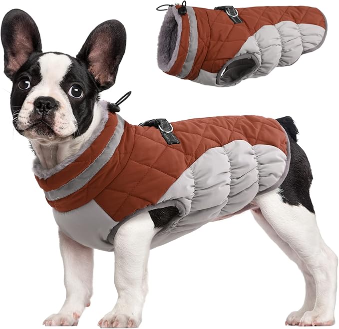 FUAMEY Dog Coat for Small Dogs,Waterproof Dog Winter Jacket with Harness Built in Puppy Cold Weather Coats Reflective Pet Vest with Zipper Warm Fleece Dogs Snowsuit Windproof Brown XS