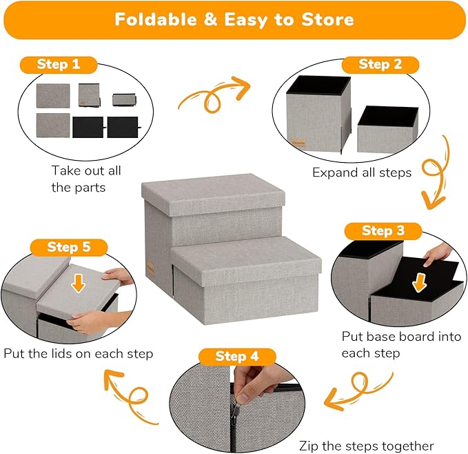 2-Step Wide Dog Stairs with Storage 11" H, Non-Slip Sturdy Pet Steps for Couch Chair, Dog Steps for Small/Medium Old Dogs, Cats, Rabbits Up to 150lbs, Foldable Cat Puppy Stairs for Car, Grey