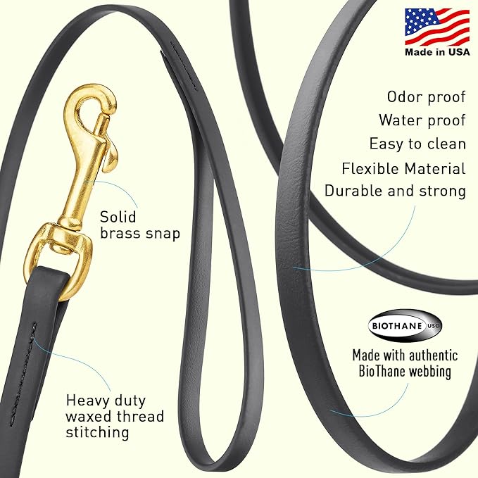Viper Biothane K9 Working Dog Leash Waterproof Lead for Tracking Training Schutzhund Odor-Proof Long Line with Solid Brass Snap for Puppy Medium and Large Dogs, 20ft Black