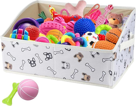 Geyecete Foldable Dog Toy Organizer Boxes - Cloth+Cardboard Trapezoid Storage Box with Handle, Basket for Toys (Beige Dog Head Print)