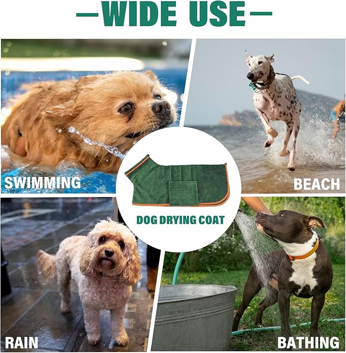 Dog Drying Coat - Fast Drying Dog Towel Robe - Microfiber Super Absorbent Pet Bathrobe, Adjustable Collar & Belly Strap Pet Coat Pet Bath Robe Towel (Large, Green)