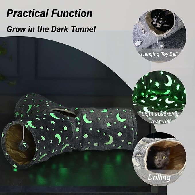 LUCKITTY Cat Tube Tunnel with Plush Ball Toys Collapsible Self-Luminous, for Cat Small Pets Bunny Rabbits, Kittens, Ferrets,Puppy and Dogs Grey Moon Star 3 Way
