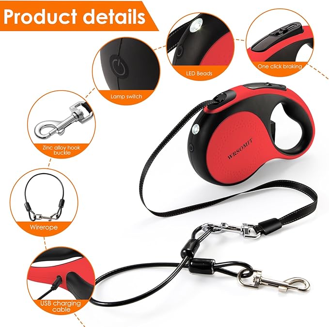Retractable Dog Leash with Chew Proof Cable and LED Flashlight, 16Ft Heavy Duty Dog Leash for Medium Large Dogs up to 110lbs, 360째 No Tangle (Red+16ft+LED)