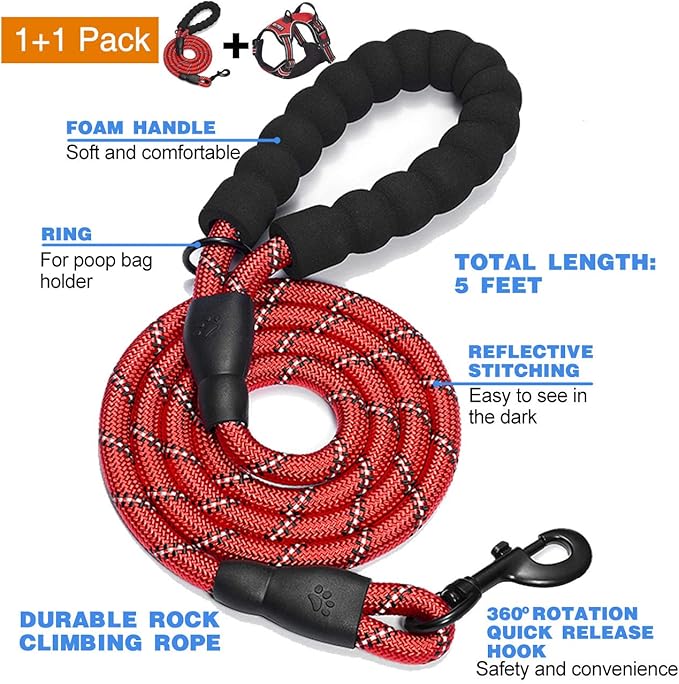 No Pull Dog Harness Adjustable Reflective Oxford Easy Control Medium Large Dog Harness with A Free Heavy Duty 5ft Dog Leash