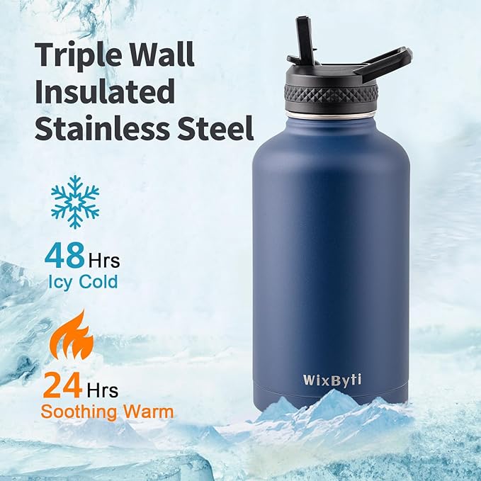 64 oz Insulated Water Bottle with Straw (Cold for 48 Hrs), Half Gallon Stainless Steel Triple Wall Vacuum Sports Water Jug, Leakproof Hydro Cup Flask with Straw Spout Lids & DIY Stickers