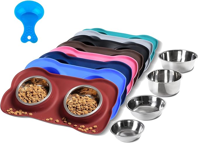 Hubulk Pet Dog Bowls 2 Stainless Steel Dog Bowl with No Spill Non-Skid Silicone Mat + Pet Food Scoop Water and Food Feeder Bowls for Feeding Small Medium Large Dogs Cats Puppies (Burgundy, Small)