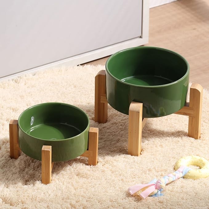 Petygooing 28 OZ Elevated/Raised Ceramic Dog Bowl for Small and Medium Breeds, Dog Food Water Dish with Stand,Pet Feeding Bowl Anti Slip Rubber for Small and Medium Dogs (3.6 Cups) Rust Green