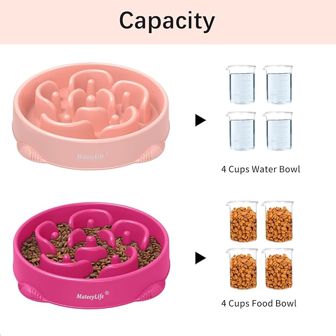 MateeyLife Large Slow Feeder Dog Bowls 2PCS, Anti-Choking Puzzle Dog Food Bowls, Anti-Slip Interactive Feeding Slow Down Eating, Bloat Stop Maze Dishes for Large Breeds 4 Cups Pink&Purple