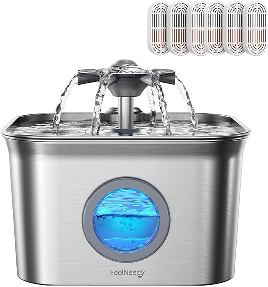 Stainless Steel Cat Water Fountain, 2.8L with 20dB Ultra-Quiet Pump- Ideal for Timid Pets, LED Water Level Window, Dishwasher Safe, 24/7 Circulation- Includes 6 Replacement Filters