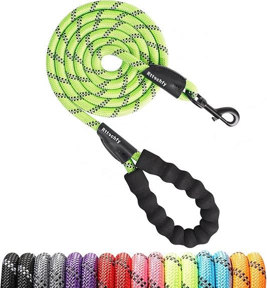 Rttochfy Rope Dog Leash 2/4/5/6/8/10 FT with Comfortable Padded Handle and Highly Reflective Threads for Small Medium and Large Dogs Heavy Duty (1/2"-8 FT, Green)