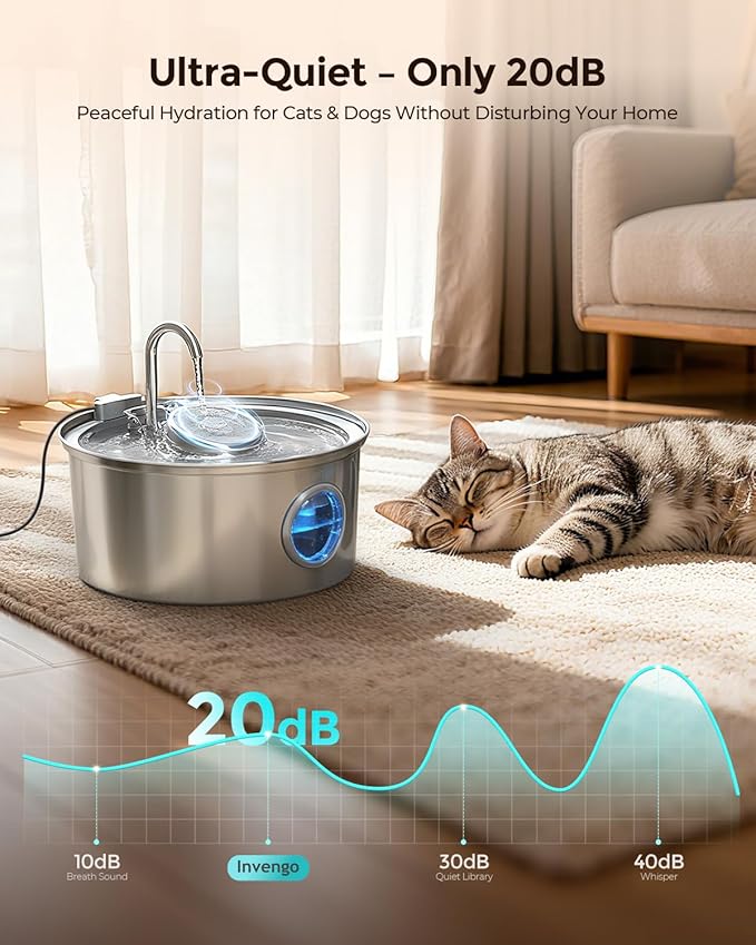 Cat Water Fountain Stainless Steel, 3.2L/108oz Pet Drinking Fountain for Cats Dogs, Automatic Cat Fountain with 2 Flow Modes, Splash-Proof Bowl, Includes 4 Replacement Filters