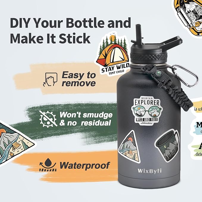 64 oz Insulated Water Bottle with Straw (Cold for 48 Hrs), Half Gallon Stainless Steel Triple Wall Vacuum Sports Water Jug, Leakproof Hydro Cup Flask with Straw Spout Lids & DIY Stickers
