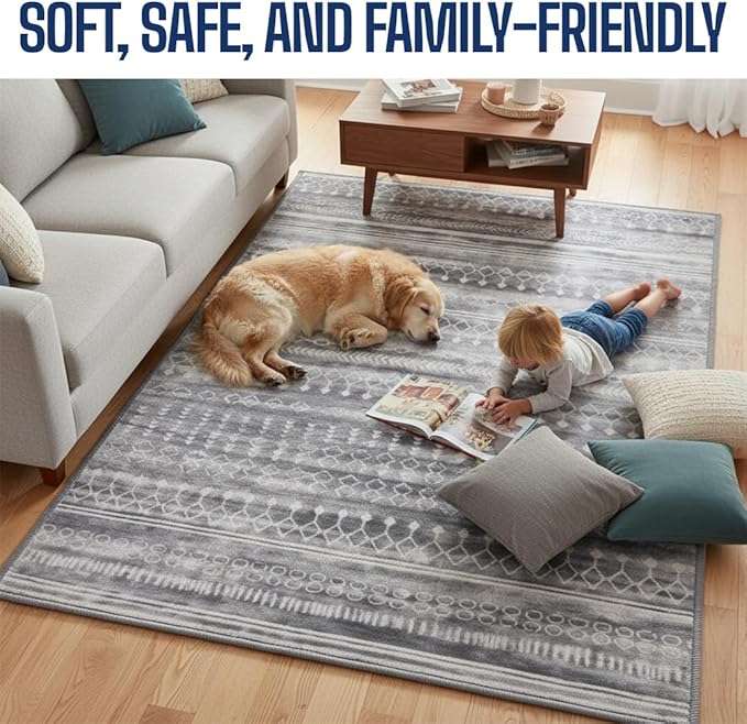 Muddy Mat짰 Greyline 3ft x 7ft Washable Area Rugs for Living Room, Bedroom & Dining Room ??Modern Soft Low Pile Non Slip Carpet ??Pet Friendly Waterproof Foldable Rugs for Home