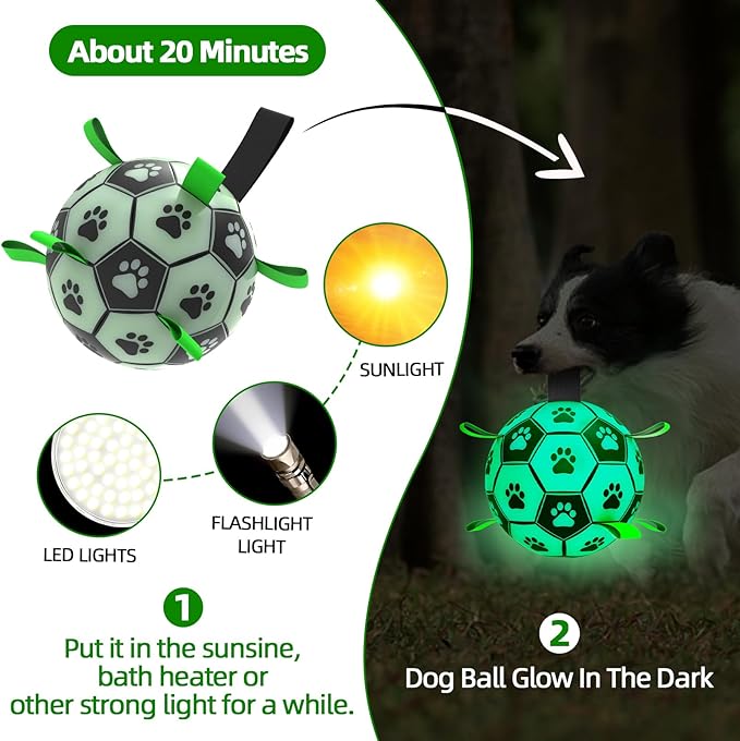 QDAN Glow in The Dark Dog Toys Soccer Ball with Straps - Light Up Dog Balls for Large Dogs, Interactive Dog Toys with Strap for Tug of War,Puppy Birthday Gifts (8 Inch)