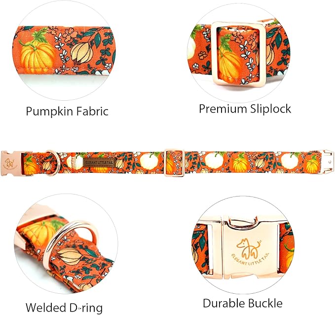 Elegant little tail Halloween Dog Collar, Pumpkin Print Pet Collar Fall Orange Puppy Cotton Collars Female or Male Dog Collars for Small Medium Large Dogs