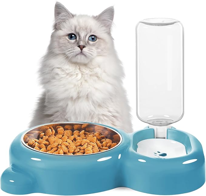 Dog Bowls, Cat Food and Water Bowl Set with Water Dispenser and Stainless Steel Bowl for Cats and Small Dogs - Blue