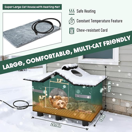 Heated Cat Shelter for Outside, Large Outdoor Cat House with Roof Window & Cozy Cushion Winter Insulated Weatherproof for Multiple Feral Kitties Small Pets Garage Yard Porch