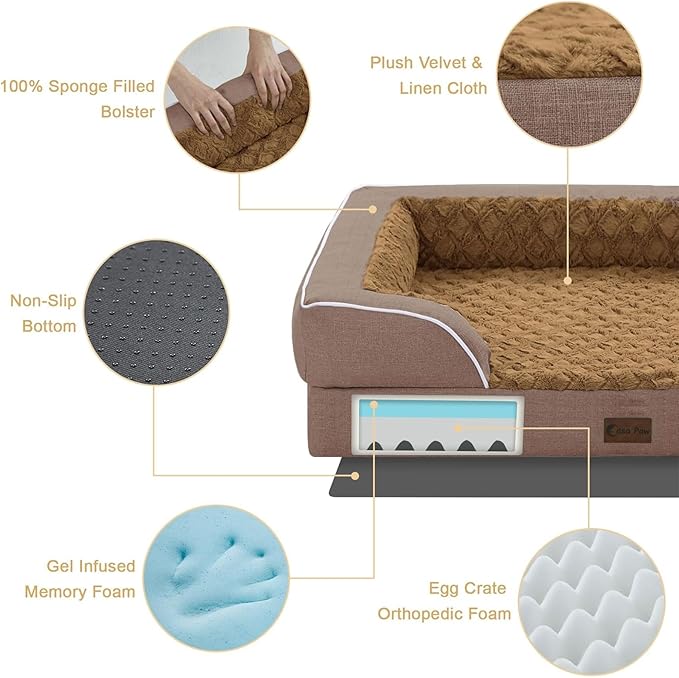 Orthopedic Dog Beds for Extra Large Sized Dogs, Waterproof Memory Foam XL Pet Bed with Sides 42x30Inch, Non-Slip and Egg-Crate Foam Big Dog Couch Bed with Removable Washable Cover, Brown