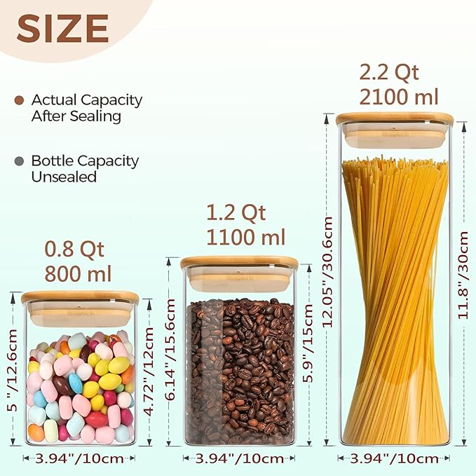 Food Storage Containers with Airtight Bamboo Lids Set of 5, Glass Canisters with Airtight Lids, Glass Food Storage Containers for Pasta, Oats, Coffee, Flour, Sugar, Best for Kitchen, Square