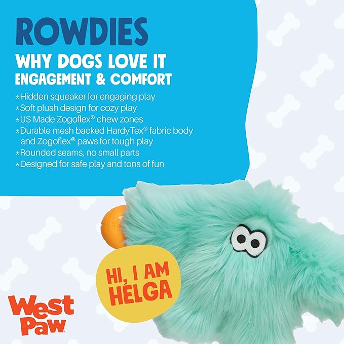 WEST PAW Rowdies Helga Durable Plush Dog Toy with Reinforced Seams Chew Resistant HardyTex Fabric and Interactive Squeaker for Safe Indoor and Outdoor Playtime Bundle for Dogs - Seafoam